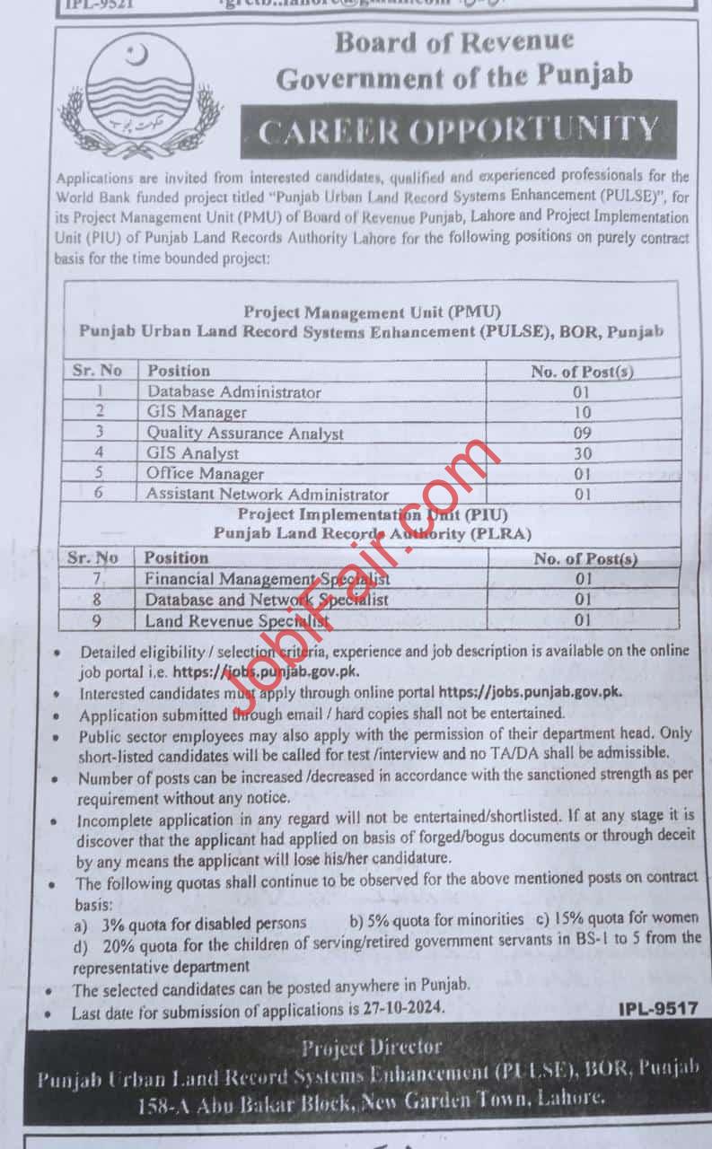 Punjab Board of Revenue Jobs 2024