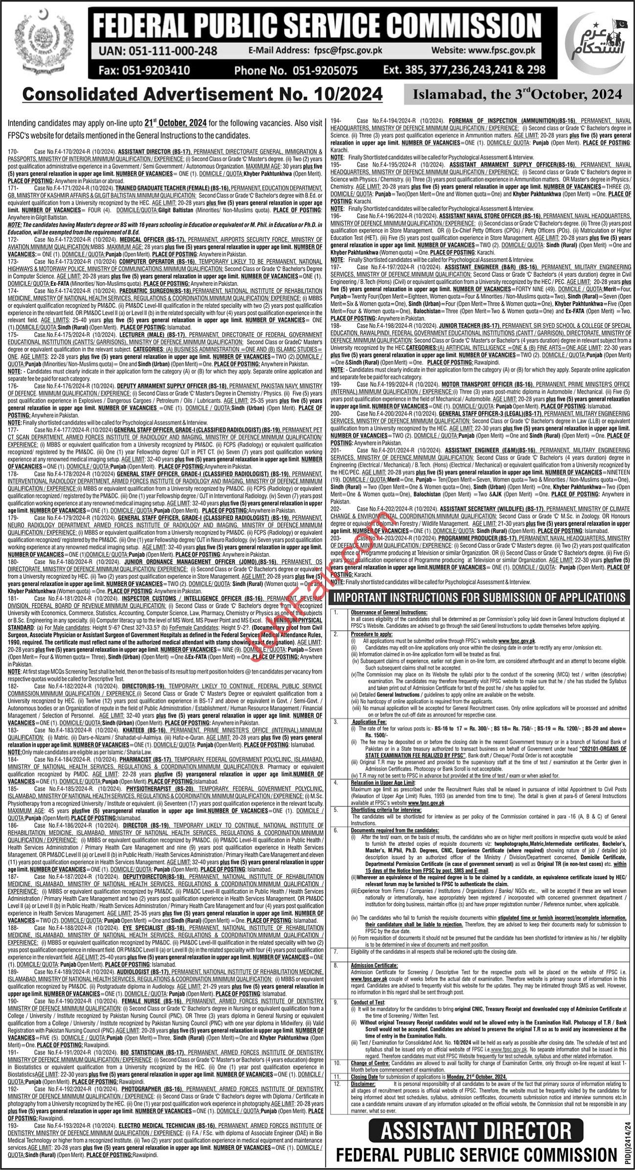 FPSC consolidated advertisement no 10/2024 jobs