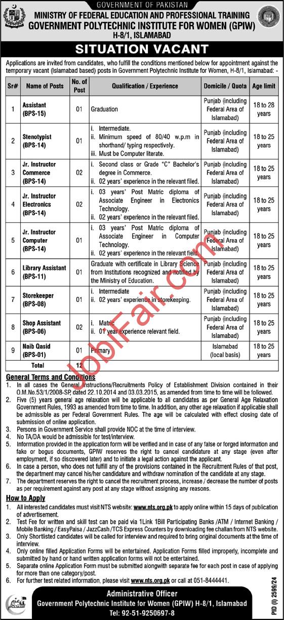 Govt Polytechnic Institute for women Jobs 2024