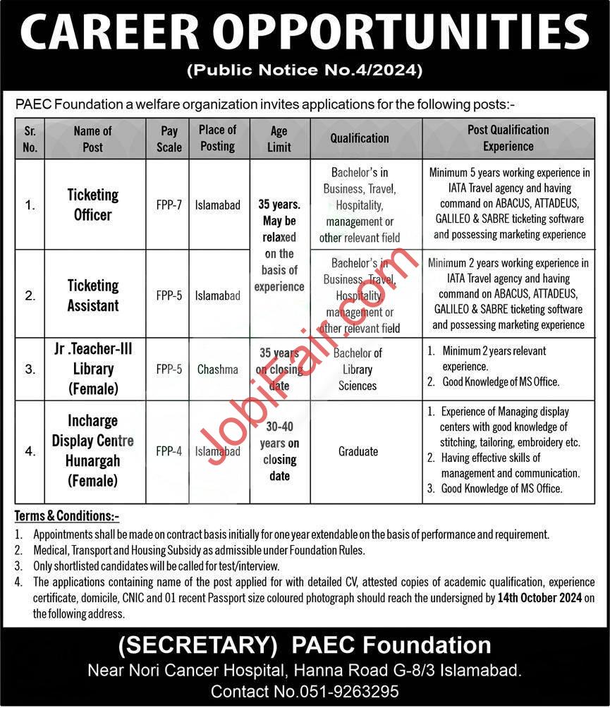 PAEC Founation Islamabad Jobs 2024