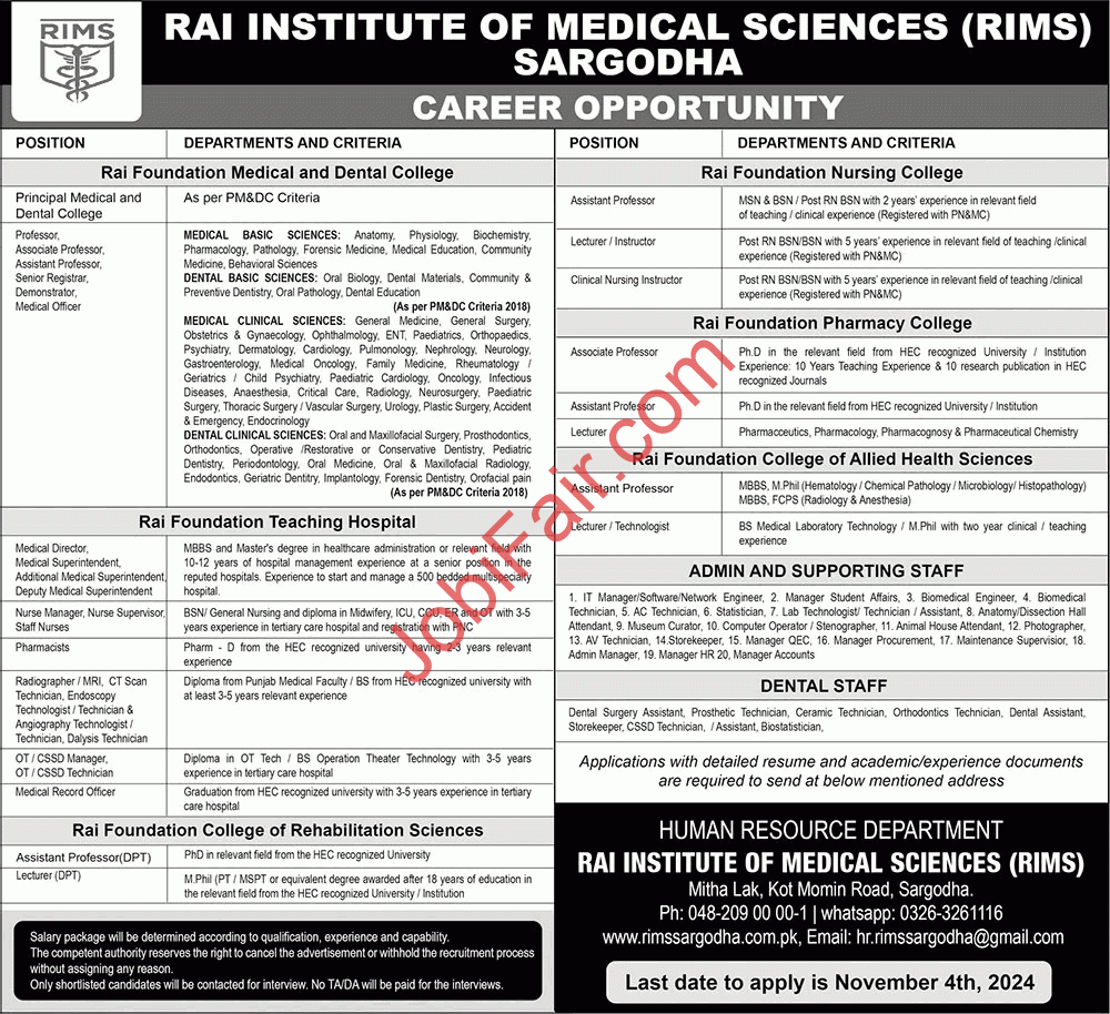 Rai Institute of Medical Sciences RIMS Sargodha Jobs 2024