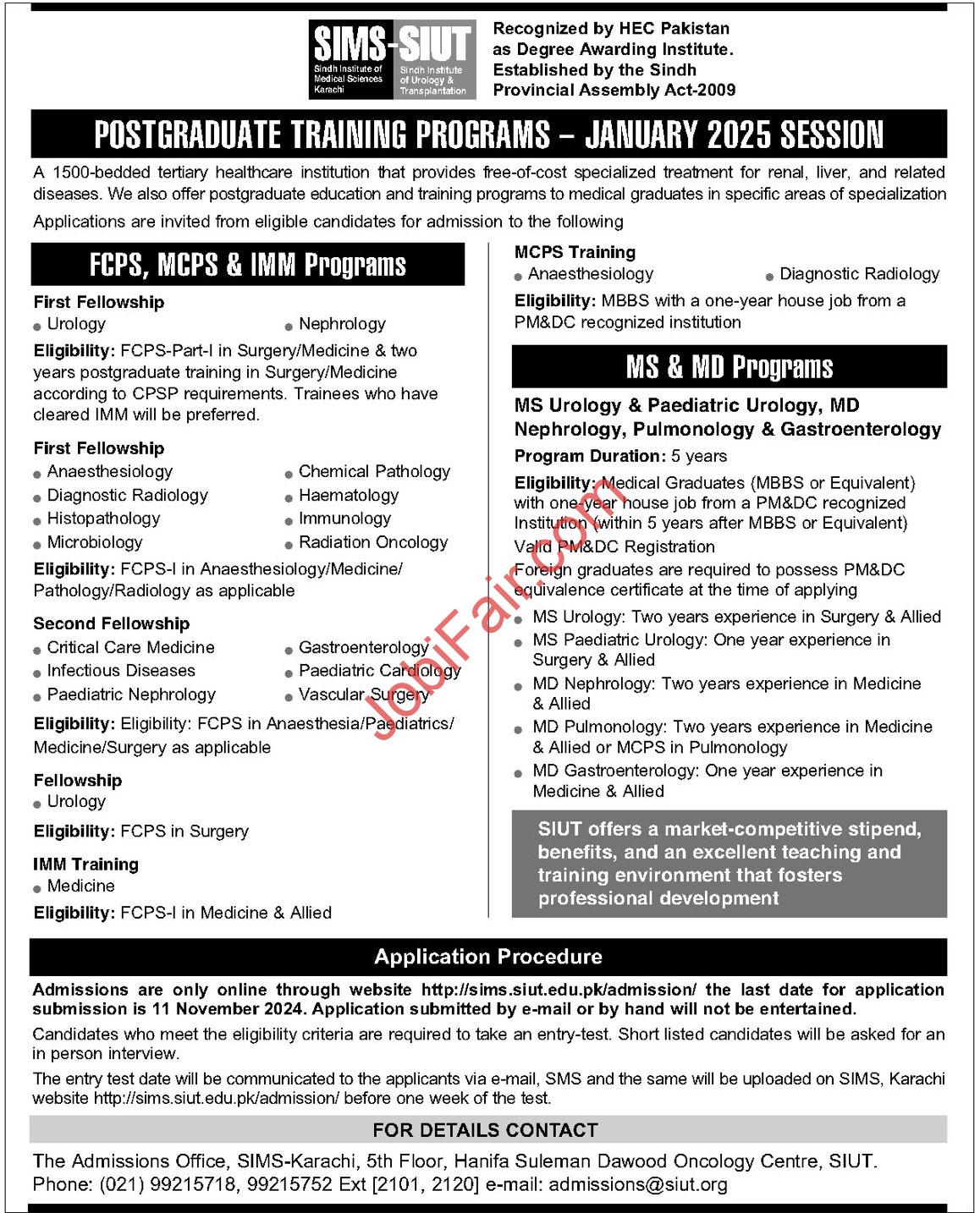 SIUT Post Graduate Trainings 2024