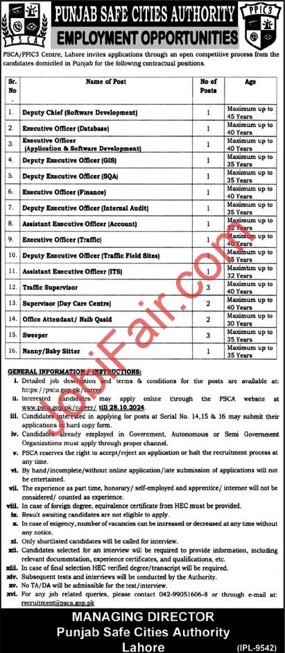 Punjab Safe Cities Authority PSCA Jobs 2024